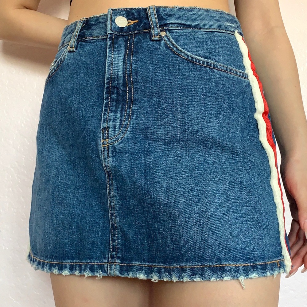 Zara Denim Mini Skirt with Red and White Stripes